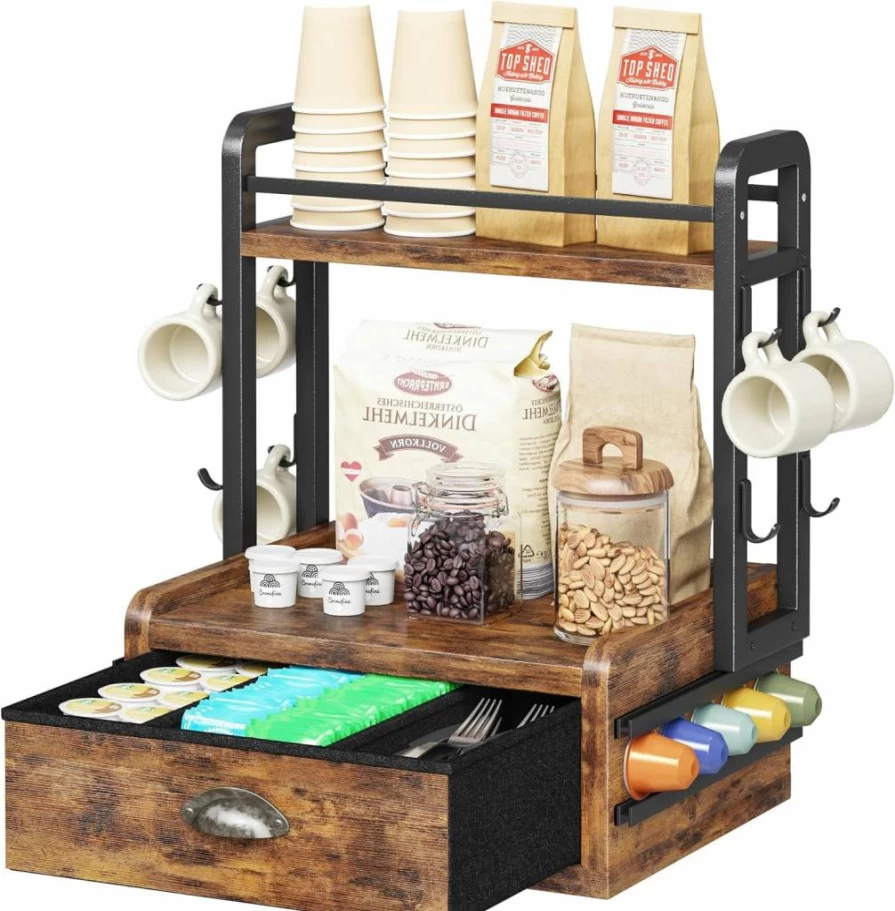 Homeiju Rustic Brown Coffee Pod Organizer with 40-Capacity Drawer & 8 Mug Hooks | Compatible with Nespresso Vertuo & Keurig | Wooden & Metal Countertop Storage for Space-Saving Kitchen