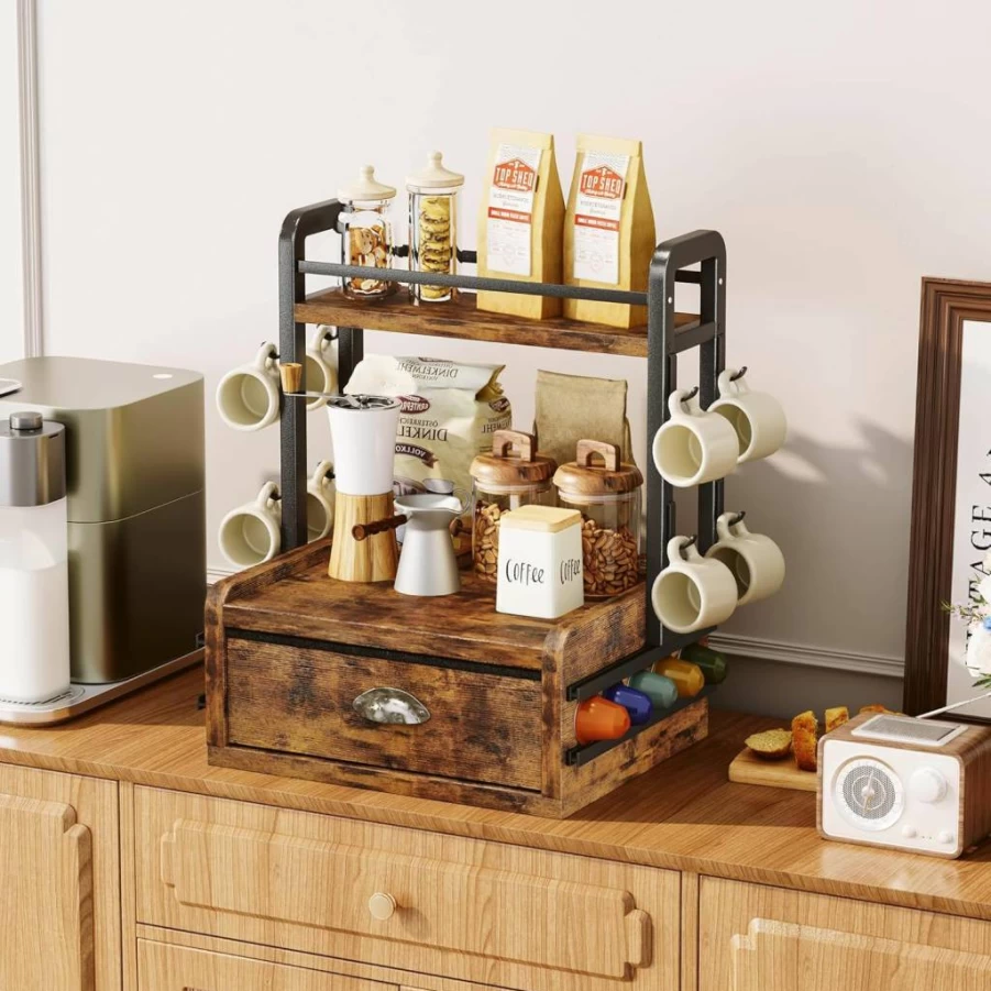 Homeiju Rustic Brown Coffee Pod Organizer with 40-Capacity Drawer & 8 Mug Hooks | Compatible with Nespresso Vertuo & Keurig | Wooden & Metal Countertop Storage for Space-Saving Kitchen