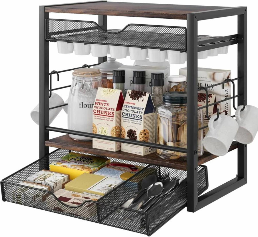 TQVAI Coffee Bar Station Organizer – 70 K-Cup Holder with Pull-Out Drawer, Mug Hooks for Countertop, Storage for Coffee Pods, Tea Bags, and Syrup (Black)