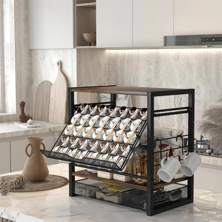 TQVAI Coffee Bar Station Organizer – 70 K-Cup Holder with Pull-Out Drawer, Mug Hooks for Countertop, Storage for Coffee Pods, Tea Bags, and Syrup (Black)