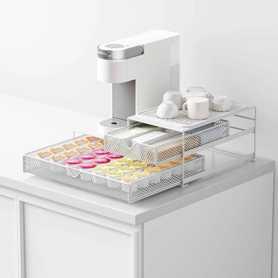 AmzAge 2-Tier Coffee Capsule Organizer with Sliding Drawer, No Assembly Required, Includes Silicone Coasters & Accessory Storage for Keurig Nespresso Pods