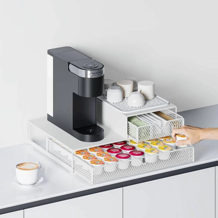 AmzAge 2-Tier Coffee Capsule Organizer with Sliding Drawer, No Assembly Required, Includes Silicone Coasters & Accessory Storage for Keurig Nespresso Pods
