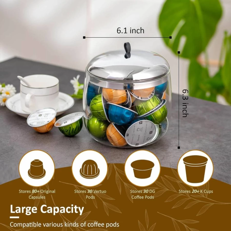 MOLFUJ Glass Coffee Pod Holder - Compatible with Nespresso Vertuo & Keurig K-Cups, Organizes 30 Capsules, Countertop Storage for Espresso Pods