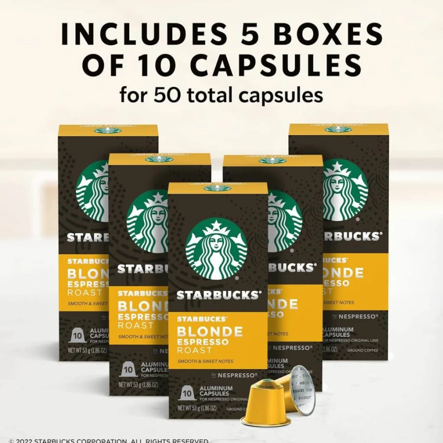 Starbucks Blonde Roast Espresso Pods for Nespresso Original Line - 50 Count Capsules