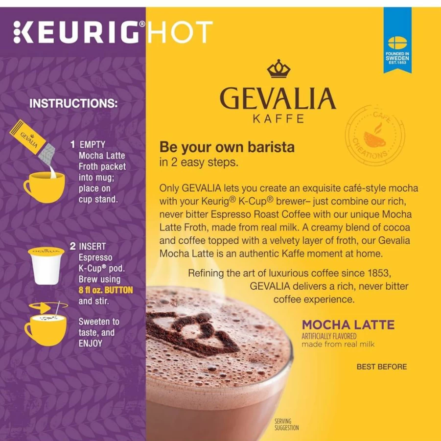 Gevalia Mocha Latte Espresso K-Cup Coffee Pods with Froth Packets - 9 Count, Rich & Creamy Flavored Coffee for Keurig Brewers