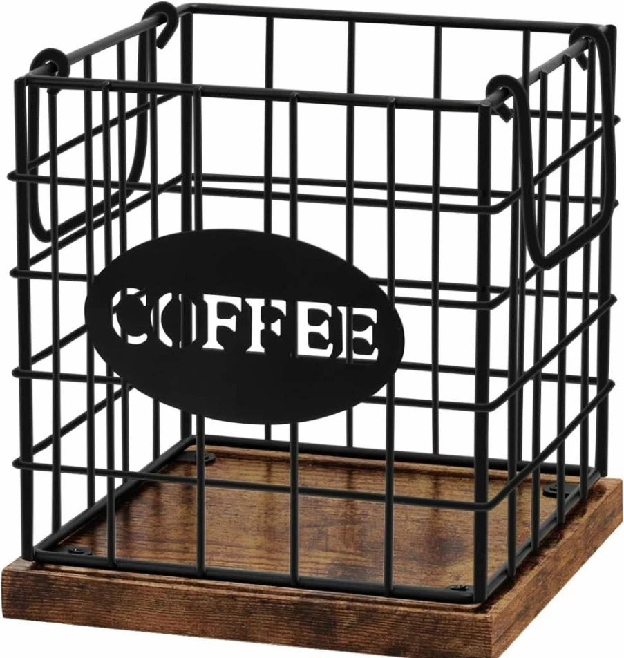 BCOZLUX Rustic Brown Square Coffee Pod Holder Organizer - Large Capacity K-Cup Storage Basket for Kitchen Countertop & Office Coffee Bar with Wooden Base