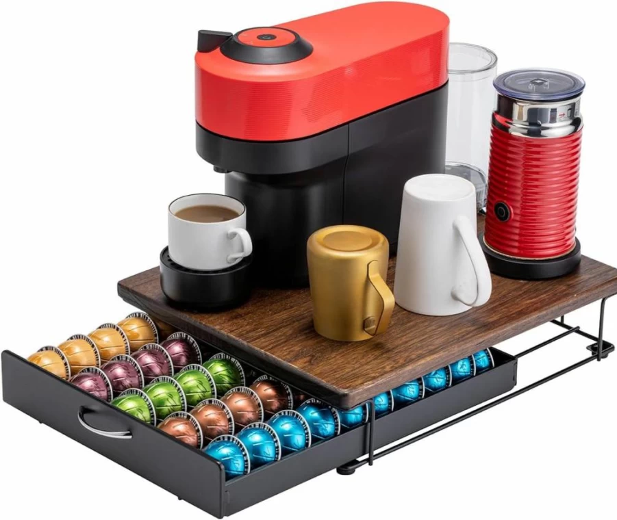 Flagship Nespresso Vertuo Pod Holder - 50 Capsule Storage Drawer with Elegant Wood Top