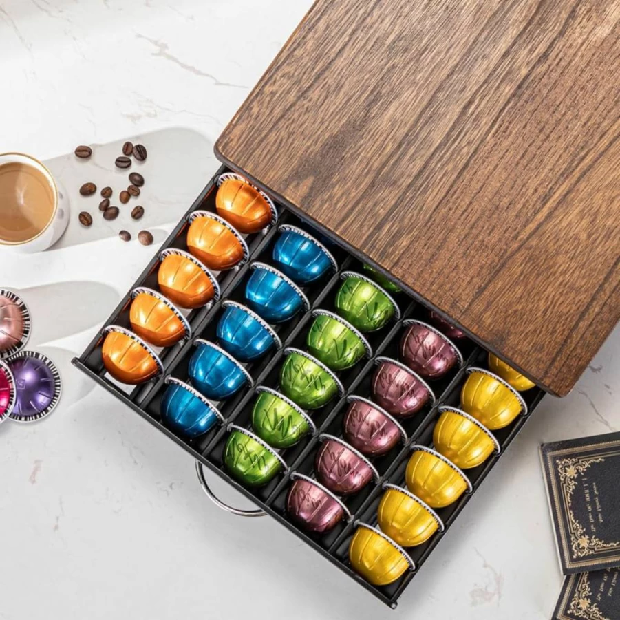 Flagship Nespresso Vertuo Pod Holder - 50 Capsule Storage Drawer with Elegant Wood Top