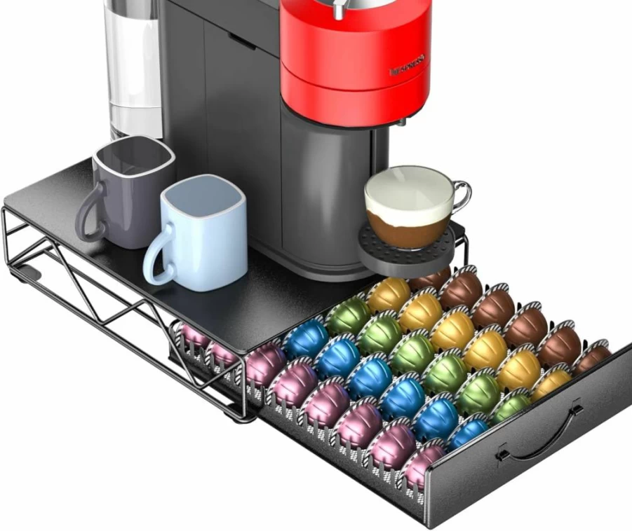 HFHOME Metal Coffee Pod Holder for Nespresso VertuoLine - 40 Large or 60 Small Capsules - Black Kitchen Storage Organizer for K-Cup & Vertuo Pods
