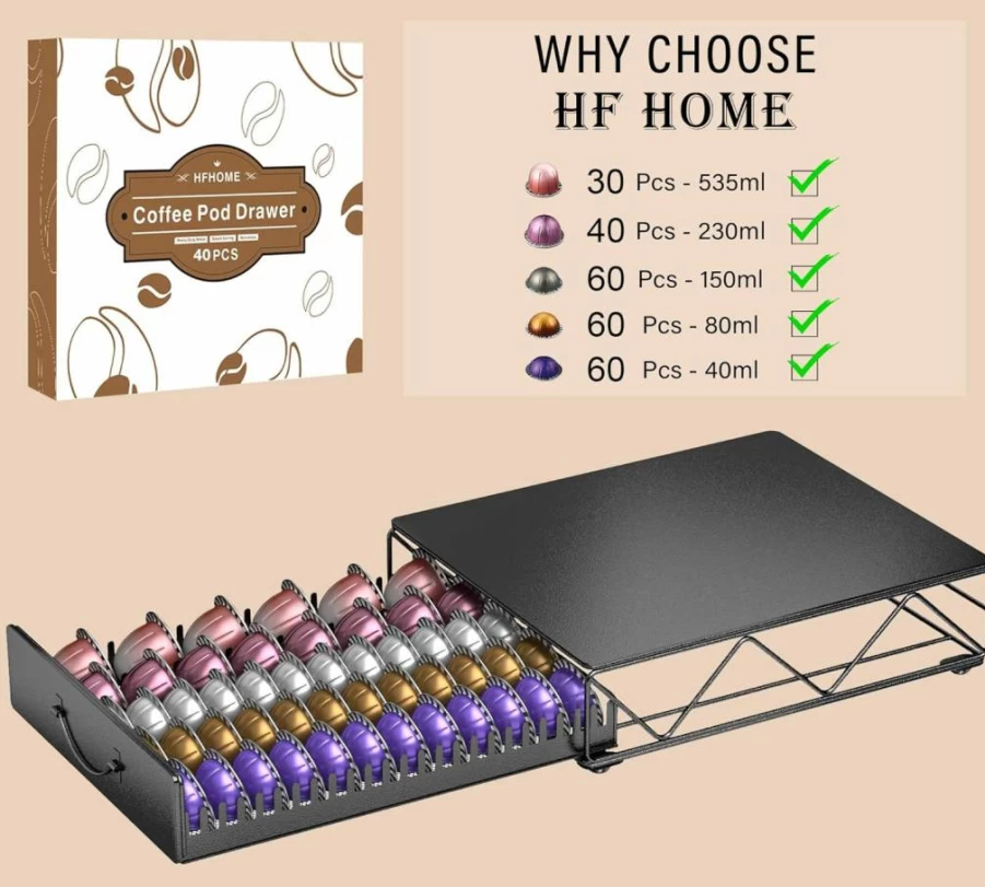 HFHOME Metal Coffee Pod Holder for Nespresso VertuoLine - 40 Large or 60 Small Capsules - Black Kitchen Storage Organizer for K-Cup & Vertuo Pods