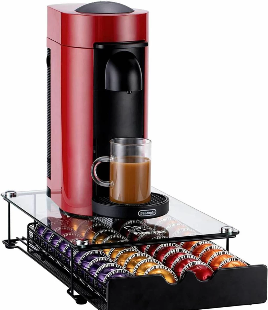 Rice Rat Vertuo Capsule Holder with Glass Lid - 40-Count Nespresso Pod Storage Drawer for Vertuoline, Countertop or Cabinet Organizer (Handle Included)