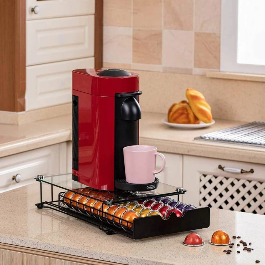 Rice Rat Vertuo Capsule Holder with Glass Lid - 40-Count Nespresso Pod Storage Drawer for Vertuoline, Countertop or Cabinet Organizer (Handle Included)