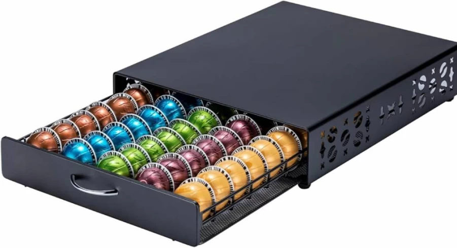 ZCDCP Black Metal Nespresso VertuoLine Pod Holder - 50 Capsule Storage Drawer, Coffee Pod Organizer for Vertuo Pods