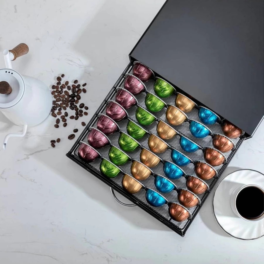 ZCDCP Black Metal Nespresso VertuoLine Pod Holder - 50 Capsule Storage Drawer, Coffee Pod Organizer for Vertuo Pods