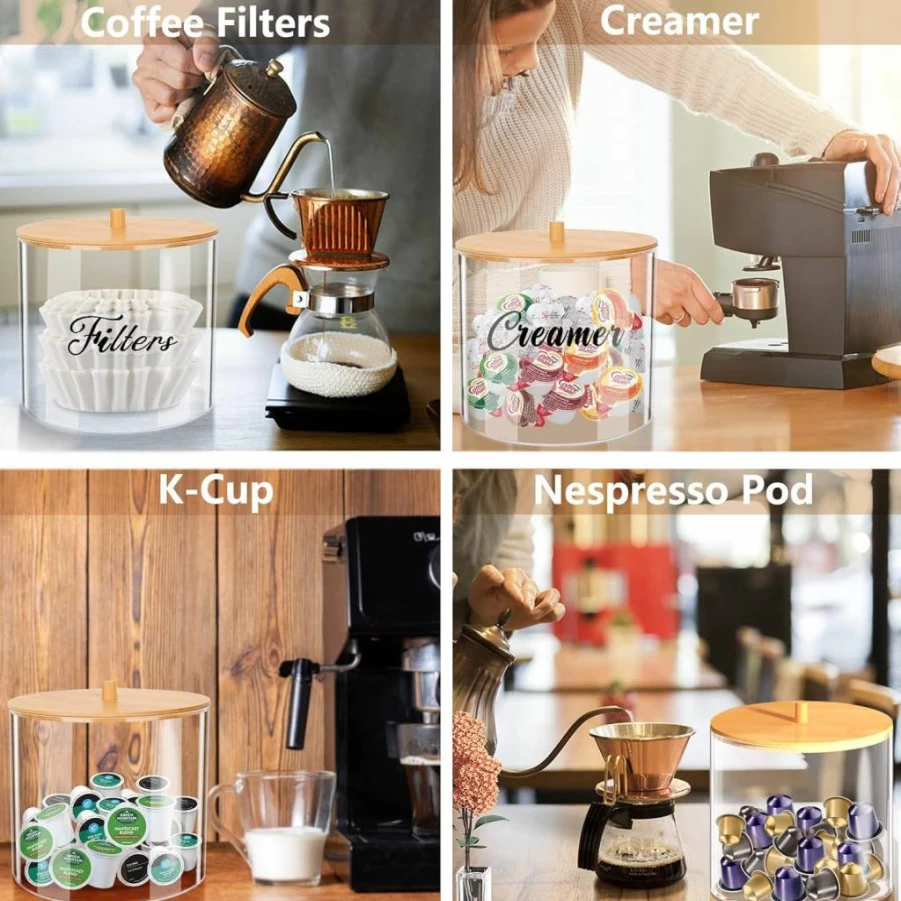 Homicozy 80-Oz Bamboo Lid Coffee Pod Organizer - Clear Countertop Storage for Keurig/Nespresso K-Cups, Coffee Capsule & Filter Holder, Coffee Bar Accessory