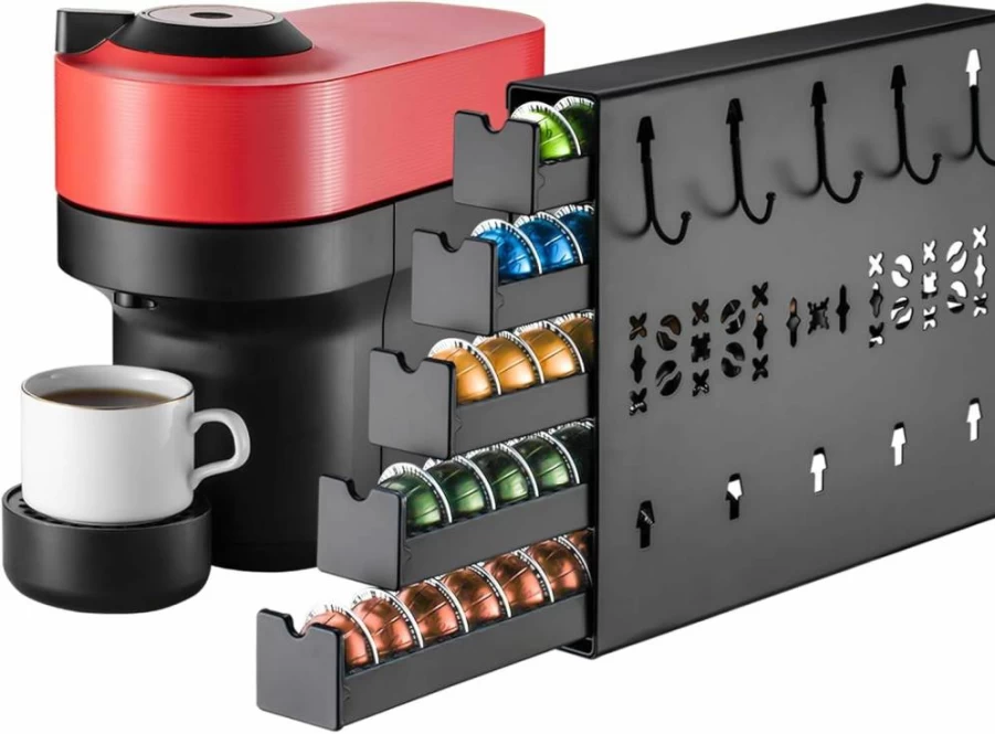 ZCDCP Wall Mounted Coffee Pod Organizer for Nespresso Vertuo – Left Side 50 Capsule Capacity, Space-Saving Pod Holder Drawer
