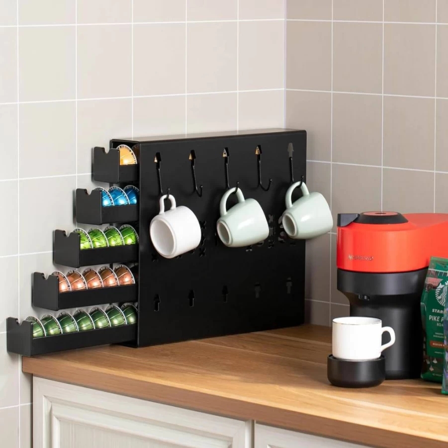 ZCDCP Wall Mounted Coffee Pod Organizer for Nespresso Vertuo – Left Side 50 Capsule Capacity, Space-Saving Pod Holder Drawer