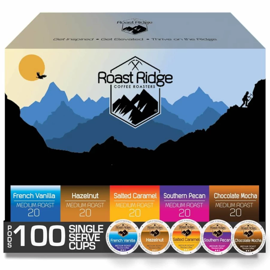 Roast Ridge K-Cup Coffee Pods Variety Pack - 100 Count (20 Each: Salted Caramel, Southern Pecan, Chocolate Mocha, Hazelnut, French Vanilla) Compatible with Keurig Brewers