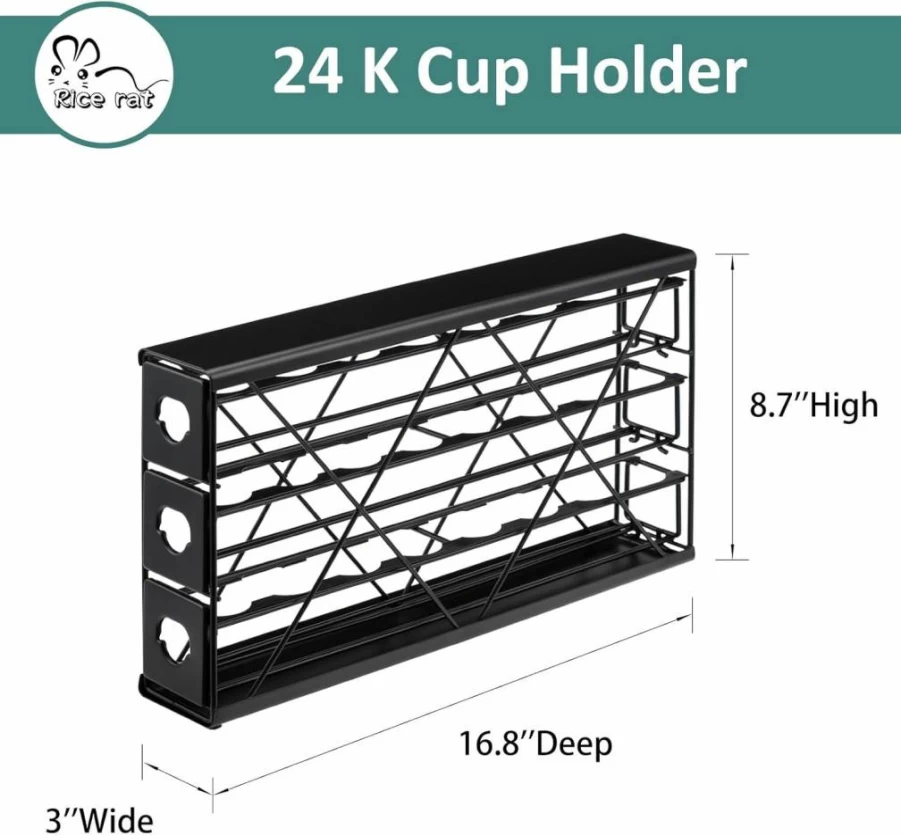 Rice Rat 3-Tier Black Metal K-Cup Coffee Pod Holder - Organizes 24 Pods, Space-Saving Design
