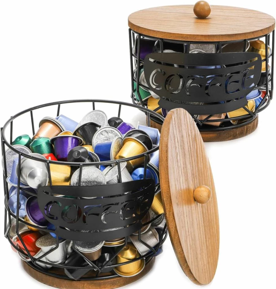 Yarlung 2-Piece Coffee Pod Organizer Set with Lid, Rustic Wooden Base & Black Wire Basket for K-Cups, Filters, and Capsules – Large Capacity Cafe Storage Solution
