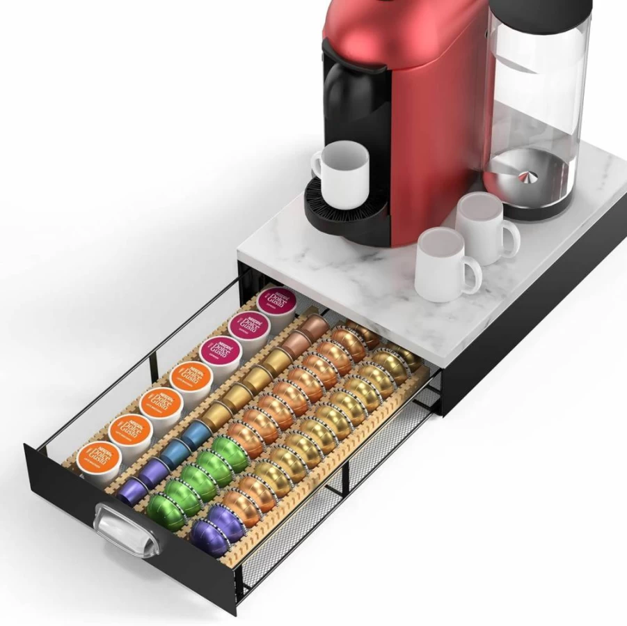 KES Adjustable Metal Coffee Pod Organizer Drawer - 40/52 Capsule Capacity, Fits Nespresso Vertuo, K-Cup & OriginalLine, Natural Marble Top, Black (KCPH503-BK)