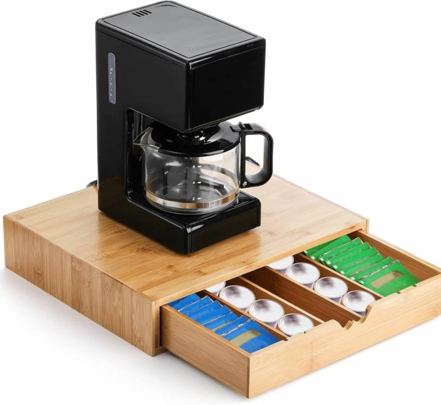 Peohud Adjustable Bamboo Coffee Pod Organizer - 5 Compartment Espresso Capsule & Tea Bag Storage for Kitchen Counter, Office, Coffee Station