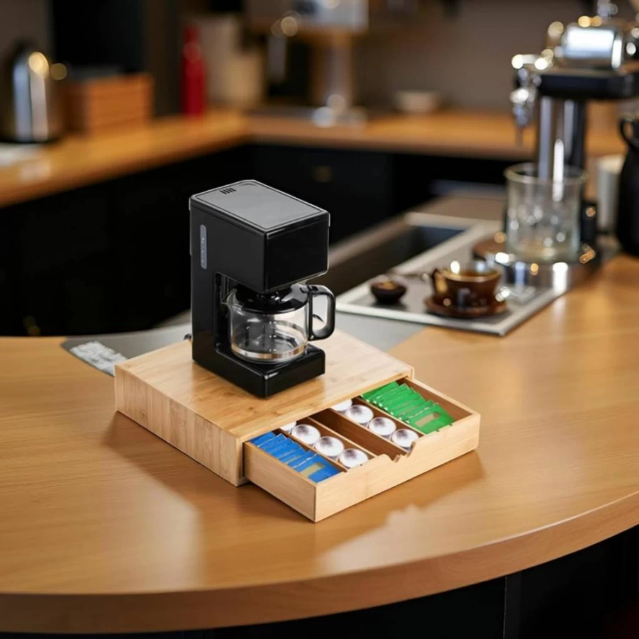 Peohud Adjustable Bamboo Coffee Pod Organizer - 5 Compartment Espresso Capsule & Tea Bag Storage for Kitchen Counter, Office, Coffee Station
