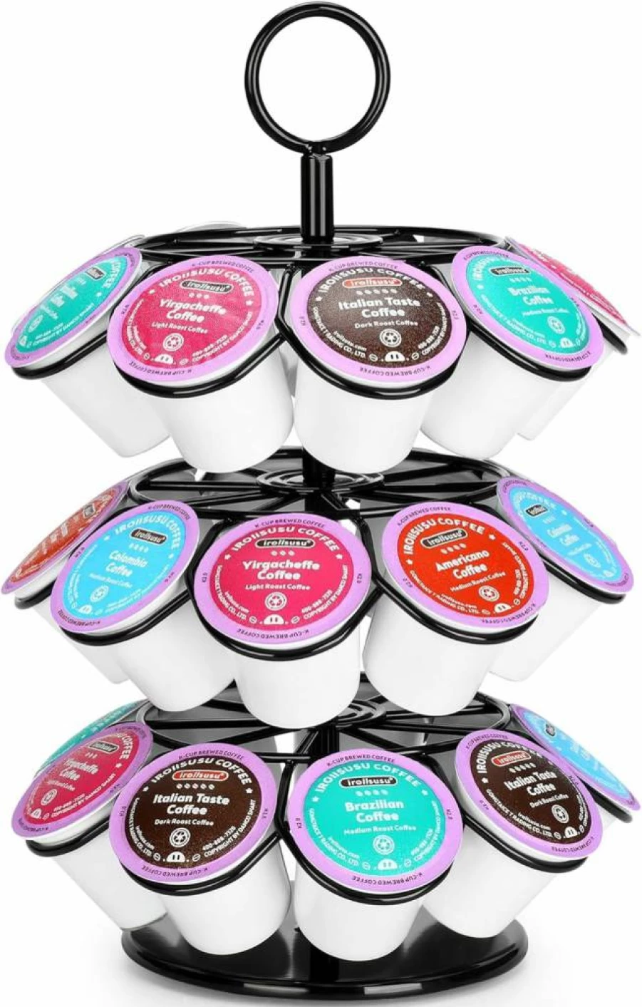 ROWISE 36-Count K-Cup Pod Holder Carousel - 360° Spinning Organizer, Detachable Black Metal Stand for Keurig Coffee Pods, Space-Saving for Office & Kitchen Countertops