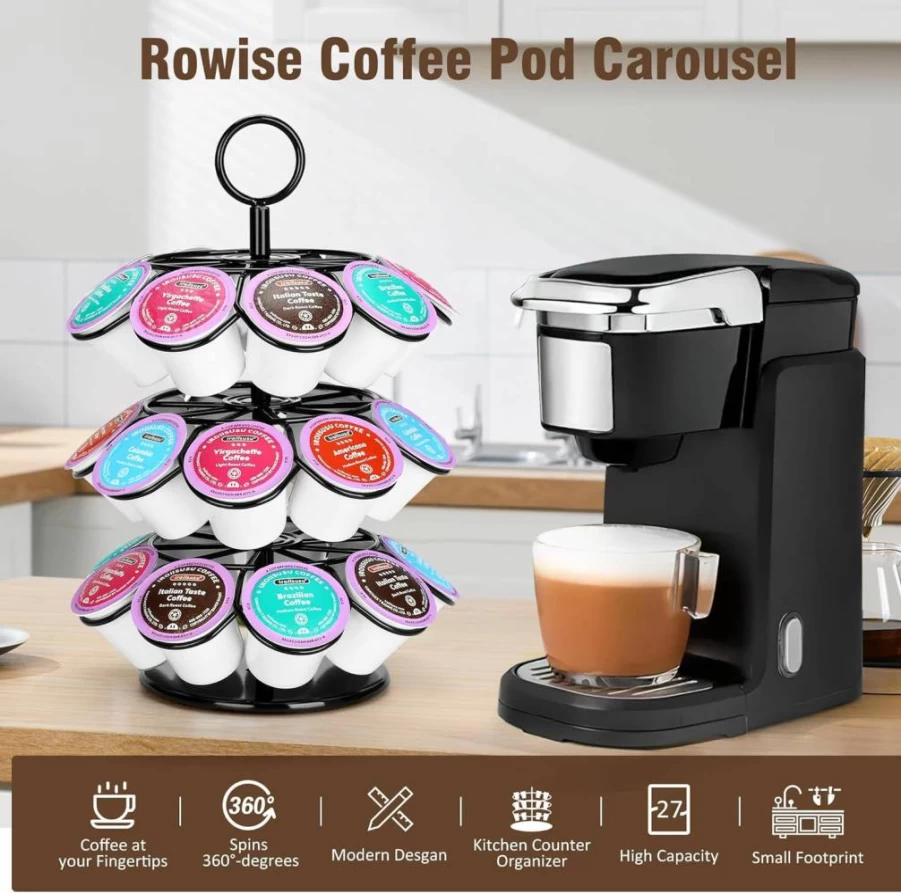 ROWISE 36-Count K-Cup Pod Holder Carousel - 360° Spinning Organizer, Detachable Black Metal Stand for Keurig Coffee Pods, Space-Saving for Office & Kitchen Countertops