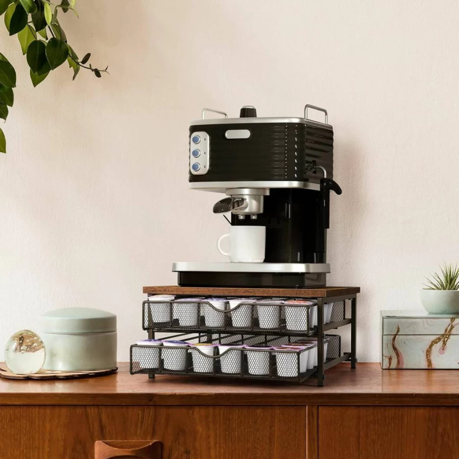 BTY 2-Tier Coffee Pod Organizer with Sliding Baskets - Holds 72 K-Cups, Compact Storage for Home, Office, or Cafe Counter (Black)