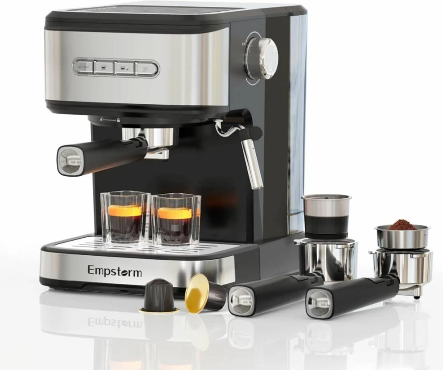 Empstorm 20 Bar Professional Espresso Machine with Milk Frother - Home Coffee Maker for Latte, Cappuccino, Compatible with Ground Coffee & Original Capsules
