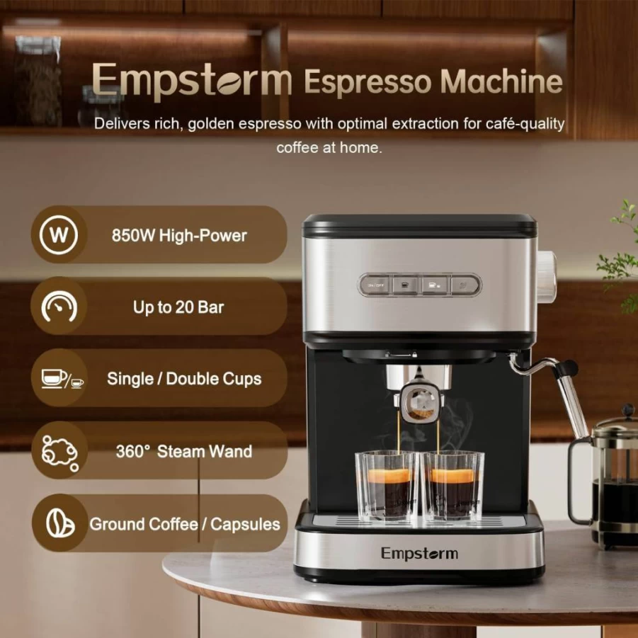 Empstorm 20 Bar Professional Espresso Machine with Milk Frother - Home Coffee Maker for Latte, Cappuccino, Compatible with Ground Coffee & Original Capsules