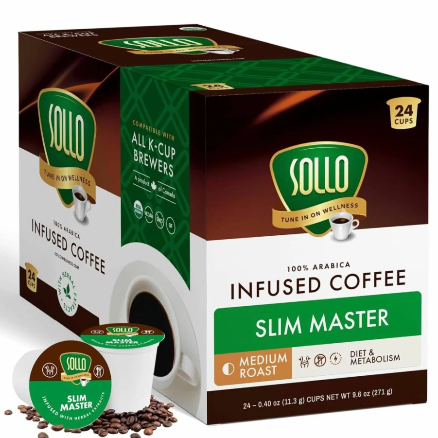 SOLLO Organic Medium Roast Low Acid K-Cup Coffee Pods - Diet Support, Slim, Compatible with Keurig 2.0, 24 Count