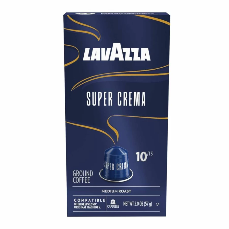 Lavazza Super Crema Medium Roast Coffee Capsules for Nespresso Machines - Arabica & Robusta Blend (10 Count, Aluminum Pods)