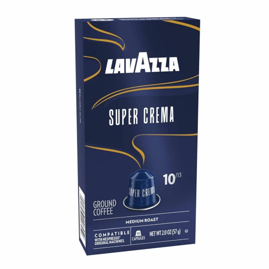 Lavazza Super Crema Medium Roast Coffee Capsules for Nespresso Machines - Arabica & Robusta Blend (10 Count, Aluminum Pods)