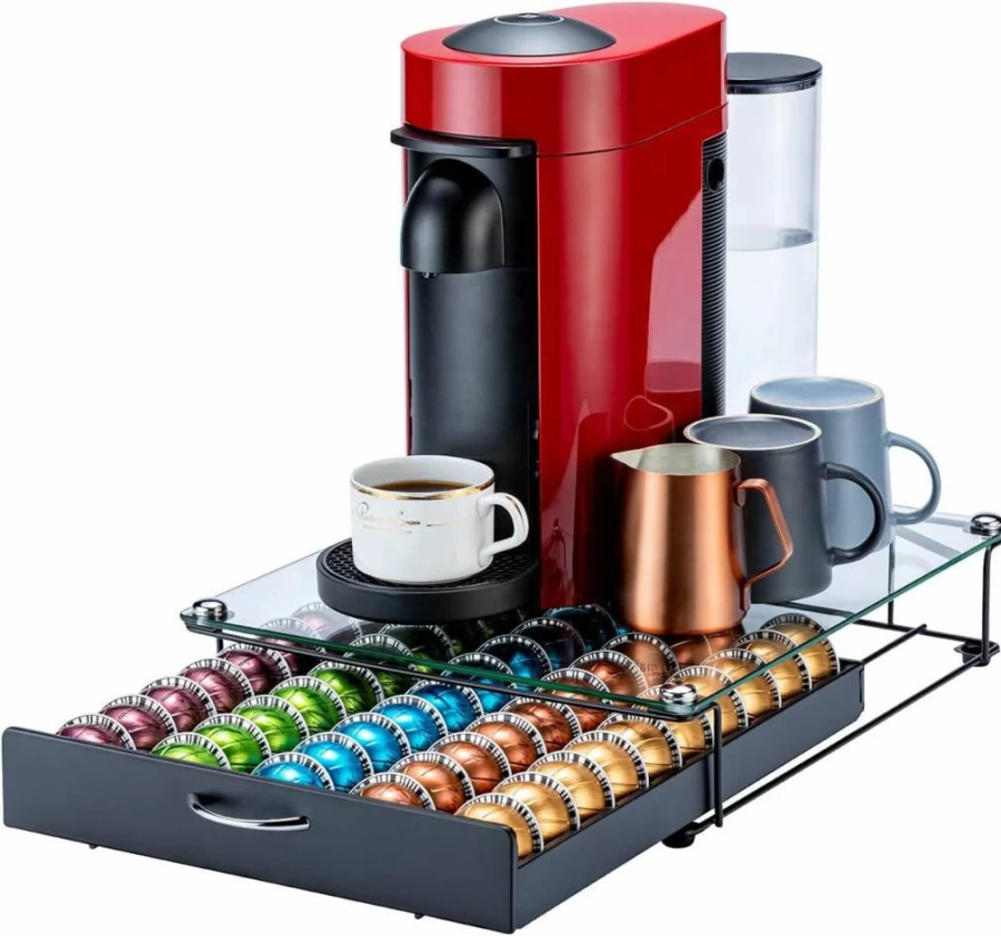 Flagship Metal Coffee Pod Holder for Nespresso Vertuo – 50-Capacity Black Stand, Compatible with Vertuo Next & Plus