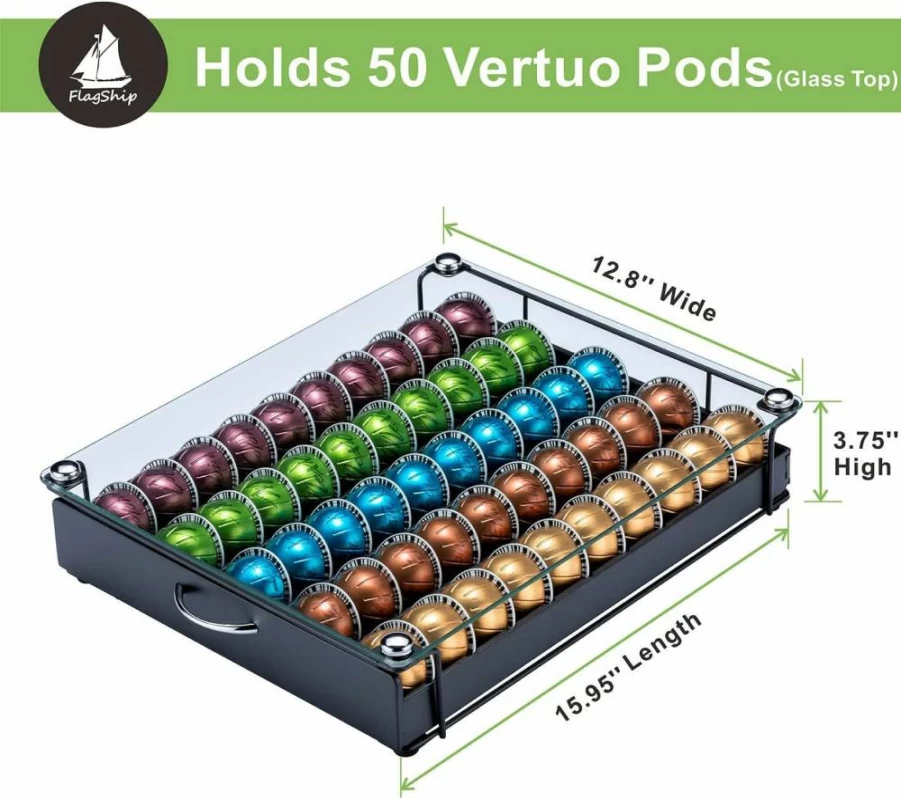 Flagship Metal Coffee Pod Holder for Nespresso Vertuo – 50-Capacity Black Stand, Compatible with Vertuo Next & Plus