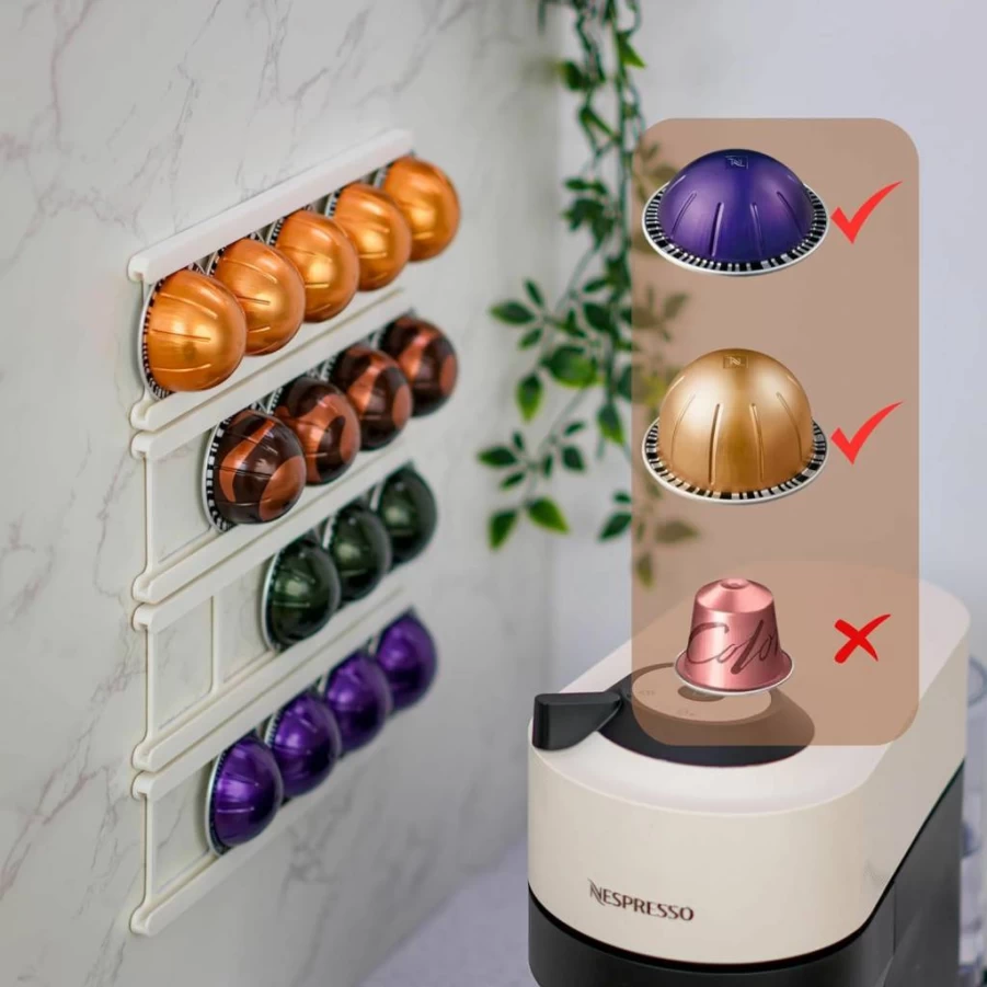 KUSOVILI Wall-Mounted Coffee Pod Holder for Nespresso VertuoLine - 20 Capsule Storage with 3M Adhesive, Horizontal or Vertical Mount Coffee Capsule Rack