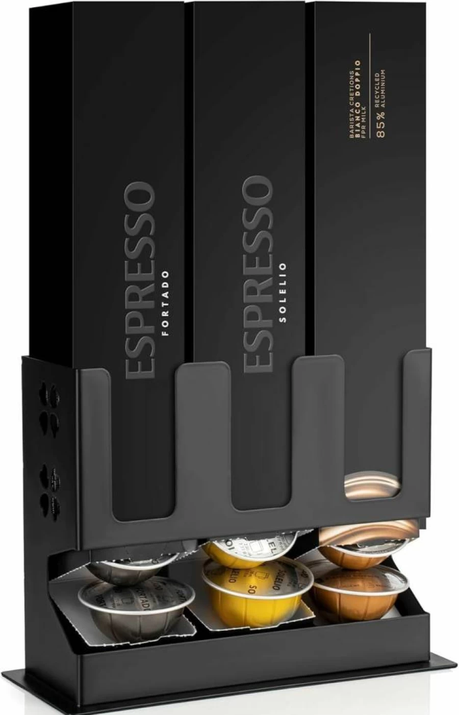 RECAPS Coffee Pod Holder for Nespresso VertuoLine - 30 Capsule Countertop Organizer with Non-Slip Steel Base, 3-Flavor Dispenser, Compatible with Vertuo Pods