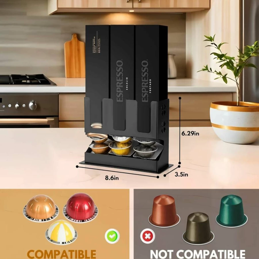 RECAPS Coffee Pod Holder for Nespresso VertuoLine - 30 Capsule Countertop Organizer with Non-Slip Steel Base, 3-Flavor Dispenser, Compatible with Vertuo Pods