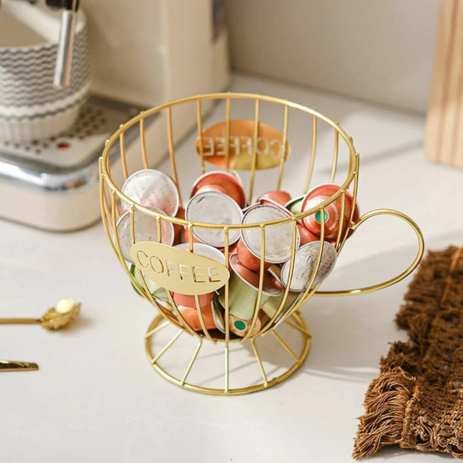 Agirlvct Metal Coffee Pod Holder Organizer - Large Capacity K-Cup & Nespresso Capsule Storage for Kitchen, Office, Cafe - Stylish Black Tea Cup Design
