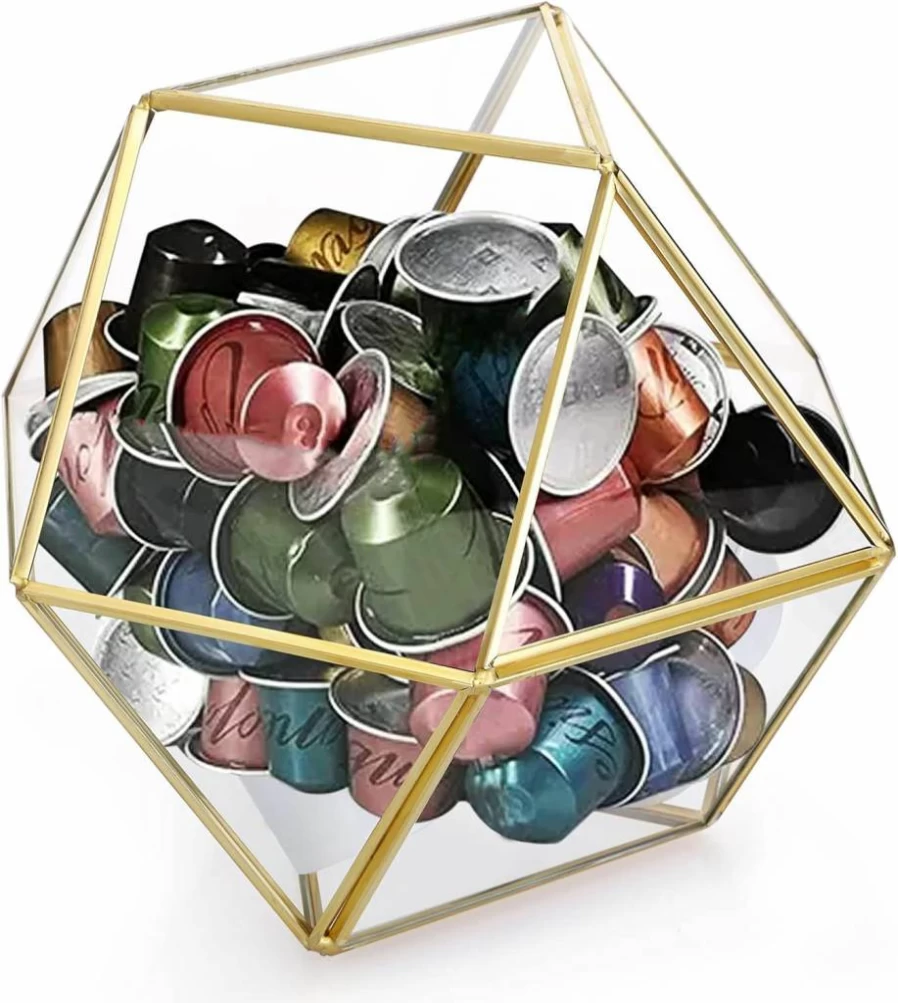 ELLDOO 15-Sided Gold Glass Coffee Pod Organizer - Geometric K-Cup, Espresso Capsule & Tea Bag Storage Holder for Kitchen, Office, or Coffee Bar Countertop