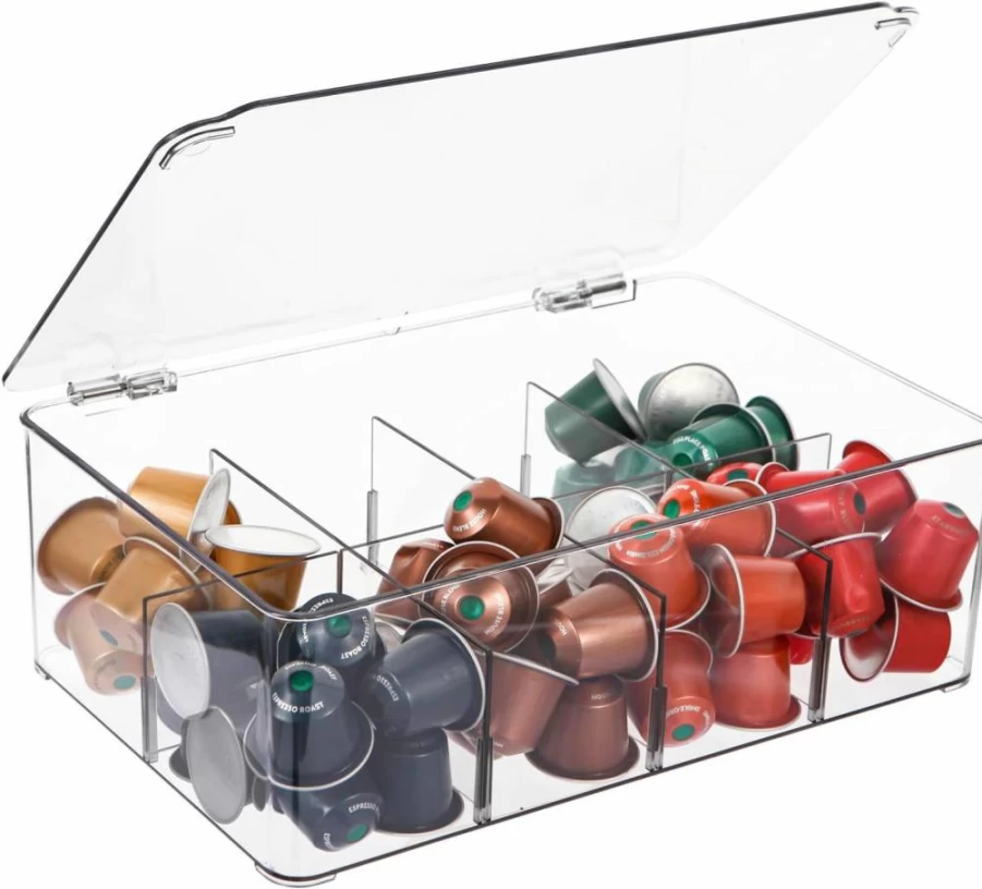ZECENN Acrylic Coffee Pod Holder with Lid - Clear K-Cup Organizer for Keurig & Nespresso OriginalLine/VertuoLine Capsules, Countertop Storage Container