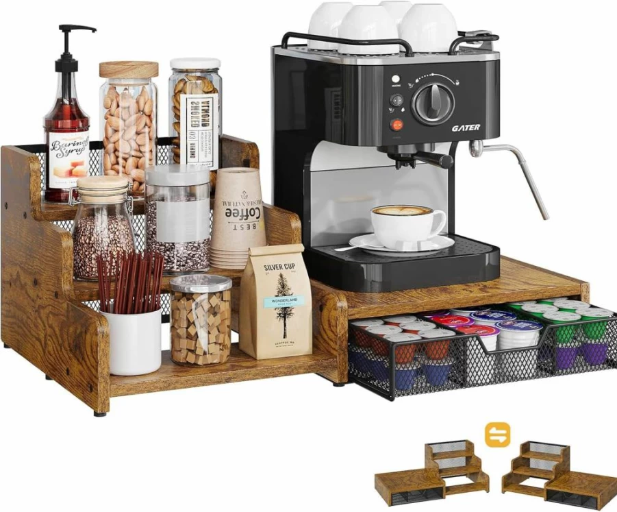 Bliesosfud 3-Tier Coffee Station Organizer with 24 K-Cup Holder, Syrup Rack & Drawer - Rustic Brown Countertop Bar Storage for Coffee Accessories
