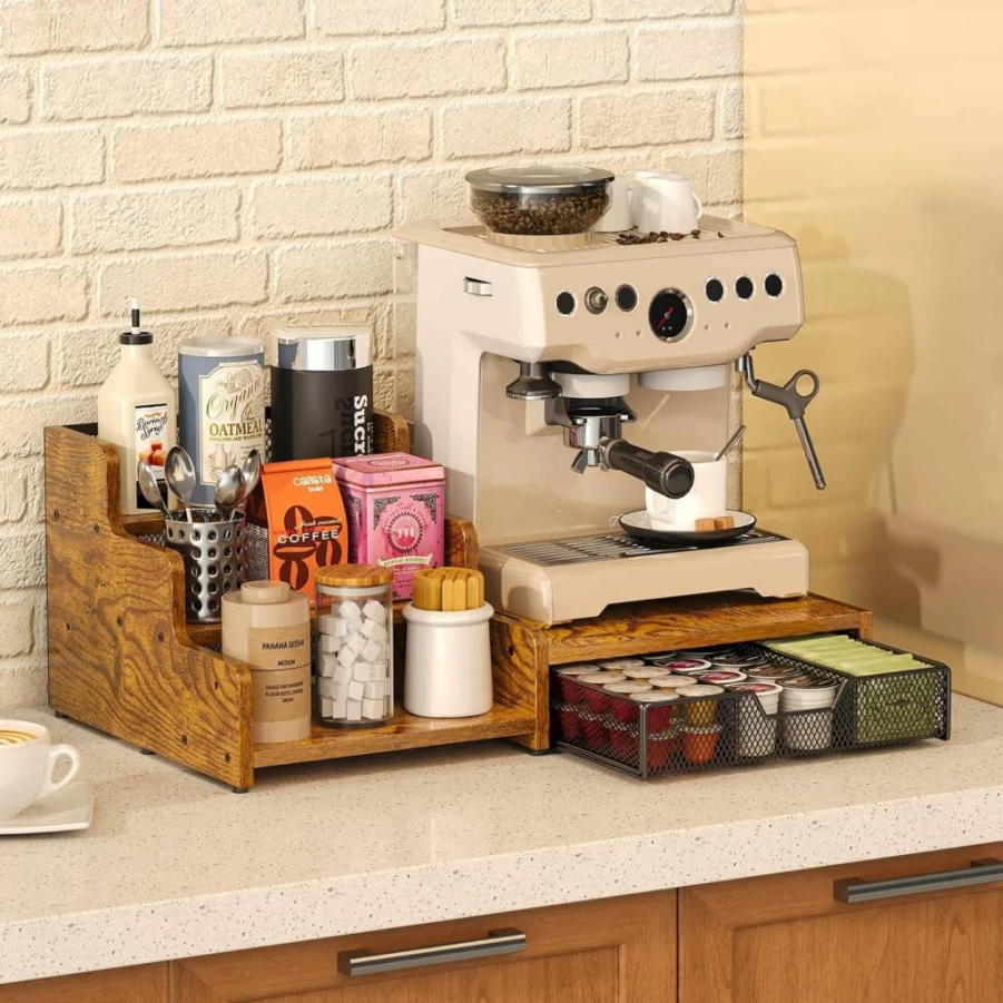 Bliesosfud 3-Tier Coffee Station Organizer with 24 K-Cup Holder, Syrup Rack & Drawer - Rustic Brown Countertop Bar Storage for Coffee Accessories