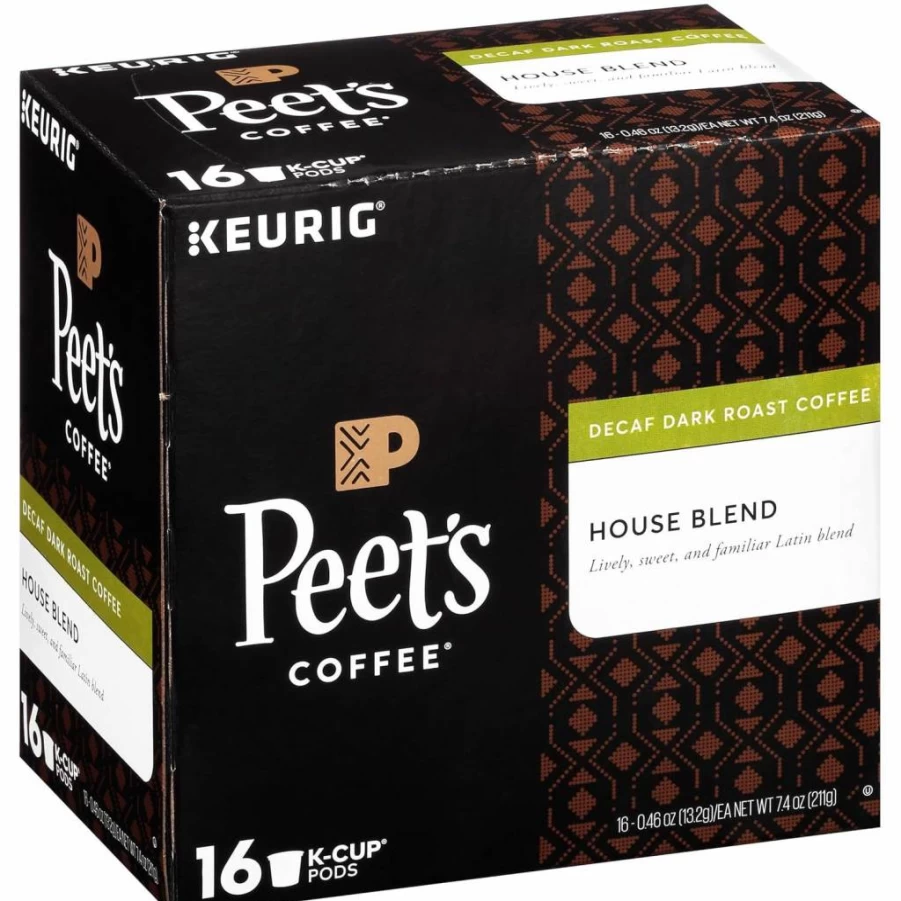 Peet's Coffee Decaf House Blend Dark Roast K-Cup Pods - 16 Count, Single Serve, Decaffeinated, Compatible with Keurig Coffee Makers