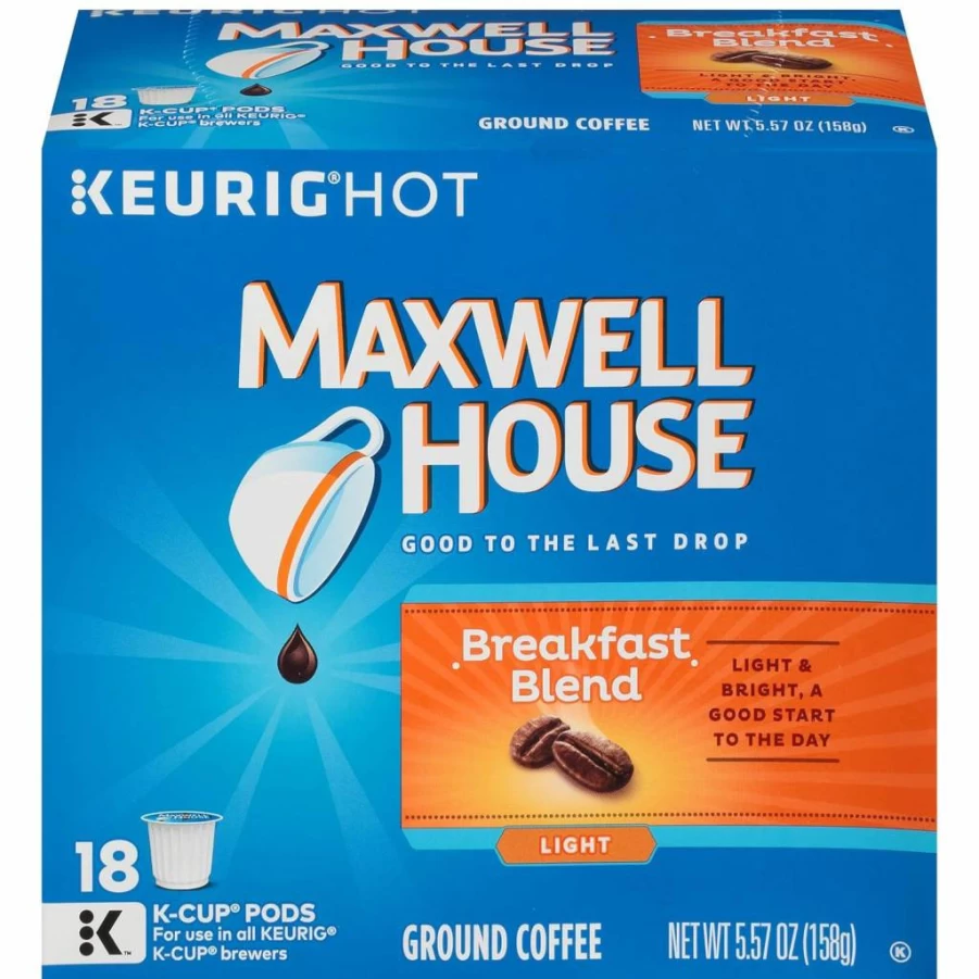 MAXWELL HOUSE Breakfast Blend Light Roast Coffee Pods, K-Cup Compatible, 18 Count, Medium Roast, 100% Arabica, Smooth & Balanced Flavor