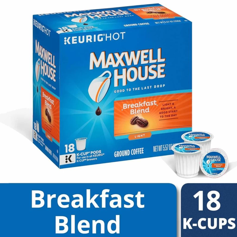 MAXWELL HOUSE Breakfast Blend Light Roast Coffee Pods, K-Cup Compatible, 18 Count, Medium Roast, 100% Arabica, Smooth & Balanced Flavor