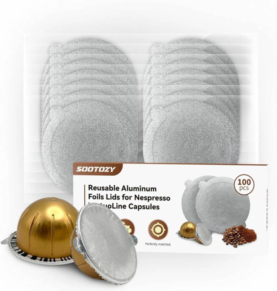 Sootozy Reusable Coffee Pods Kit for Nespresso Vertuo & VertuoPlus - 100 Aluminum Lids & Foil Seals, Refillable Capsules Compatible with VertuoLine Machines (Pods Sold Separately)