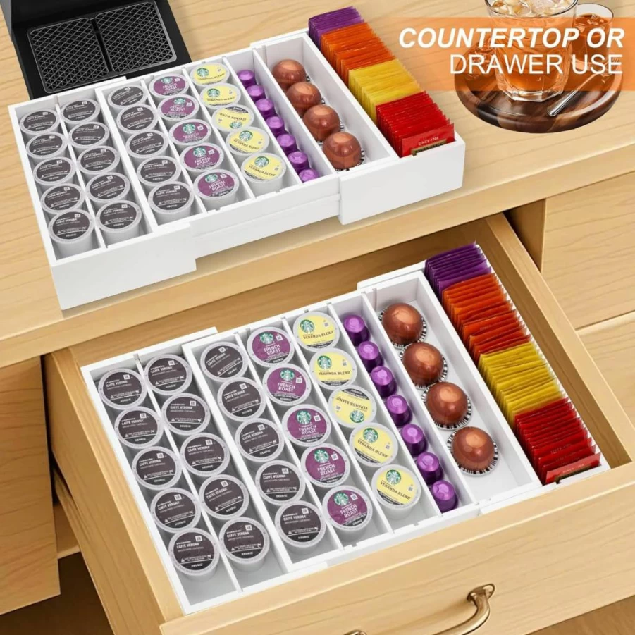 MinBoo Expandable Bamboo K-Cup & Tea Pod Organizer – Countertop or Drawer Storage for Coffee Station, Home Office, Kitchen